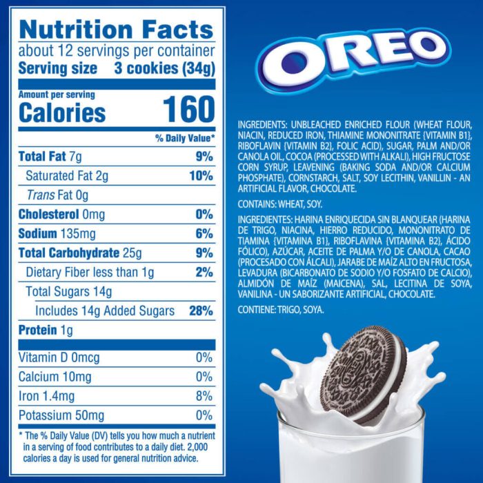 Oreo nutrition facts per cookie